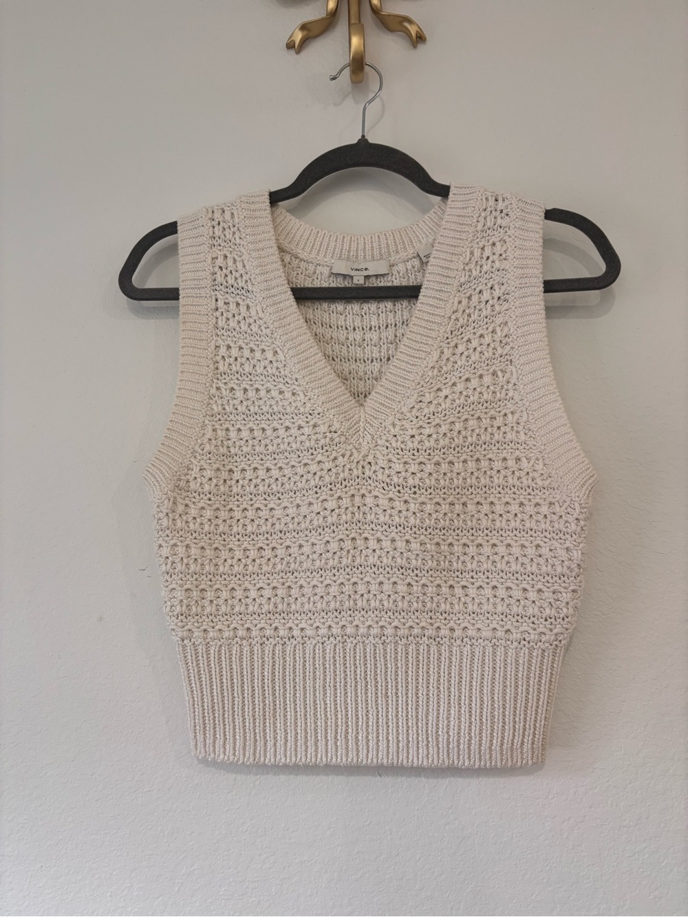 Vince Cream Open-Weave V-Neck Knit Vest